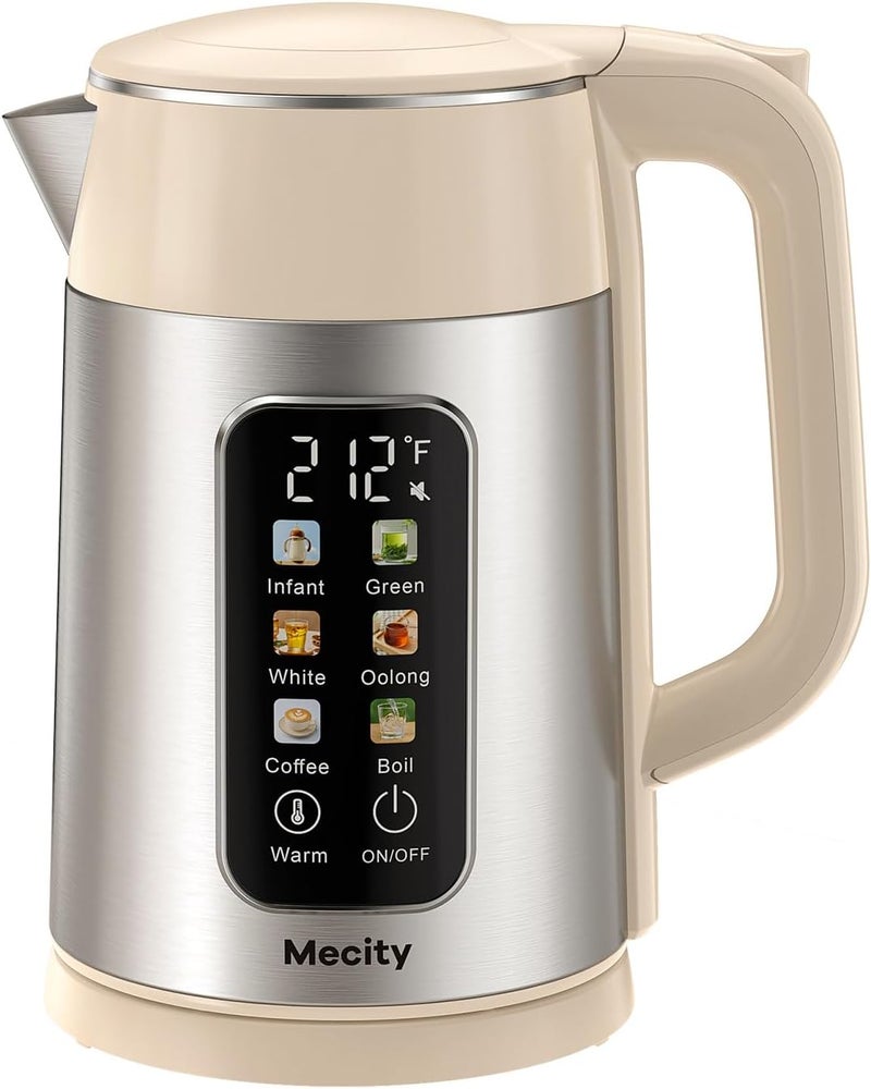Mecity Electric Kettle 1.7L Touch Screen Temperature Control Water Boiler, No Plastic Contact with Water. 6 Presets For Tea and Coffee, 2 Hours Keep Warm, Auto Shut Off, Cream & Stainless Steel Color - Image 1